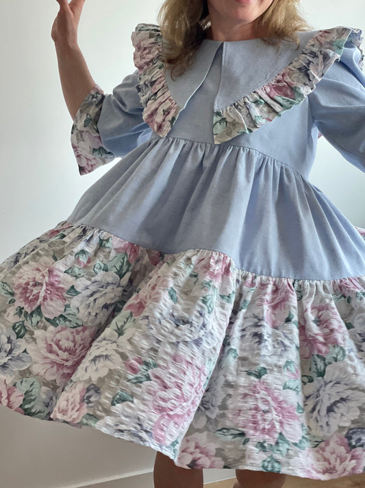 XS-S (M) blue+flowers spacious dress