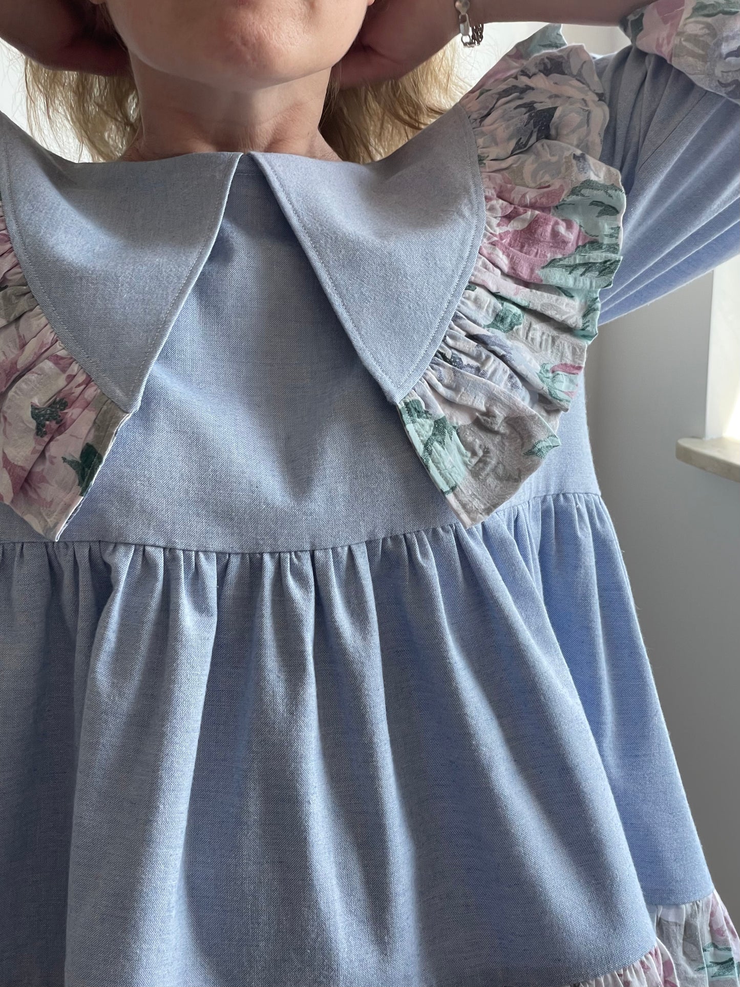 XS-S (M) blue+flowers spacious dress